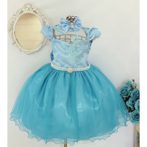 VESTIDO INFANTIL CINDERELA AZUL MANGAS LUXO FESTAS LUXO