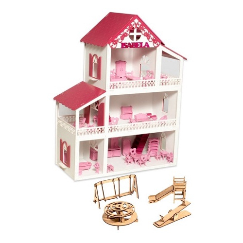 Casa Casinha de Boneca Rosa Branco Mdf + Mini Móveis Montados em