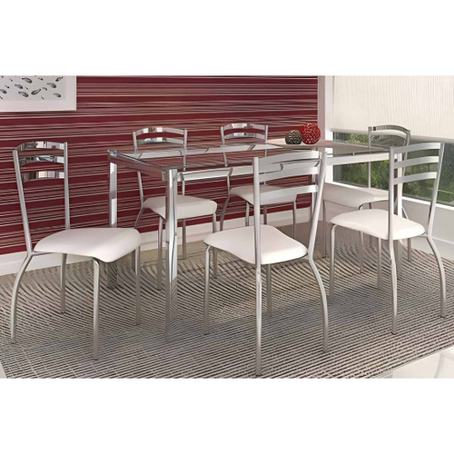 Conjunto Mesa de Jantar Neiva Redonda Vidro Creme e 6 Cadeiras Curvata  Linho Árido : Sala de Jantar - Sala de Jantar Completa : Julia Arns