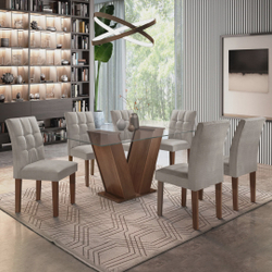 Conjunto Sala de Jantar Mesa Classic Tampo de Vidro 6 Cadeiras Vitória Cel Móveis Chocolate/Suede Menor preço em Conjunto Sala de Jantar Mesa Classic Tampo de Vidro 6 Cadeiras Vitória Cel Móveis Chocolate/Suede