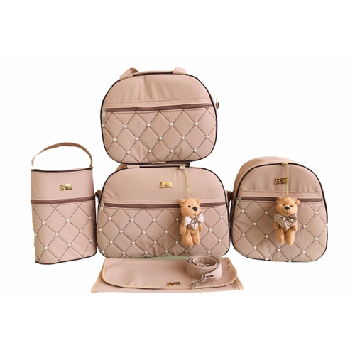 Kit Bolsa Mala Maternidade Feminino Menina 5 Peças Rosa Tema Safari