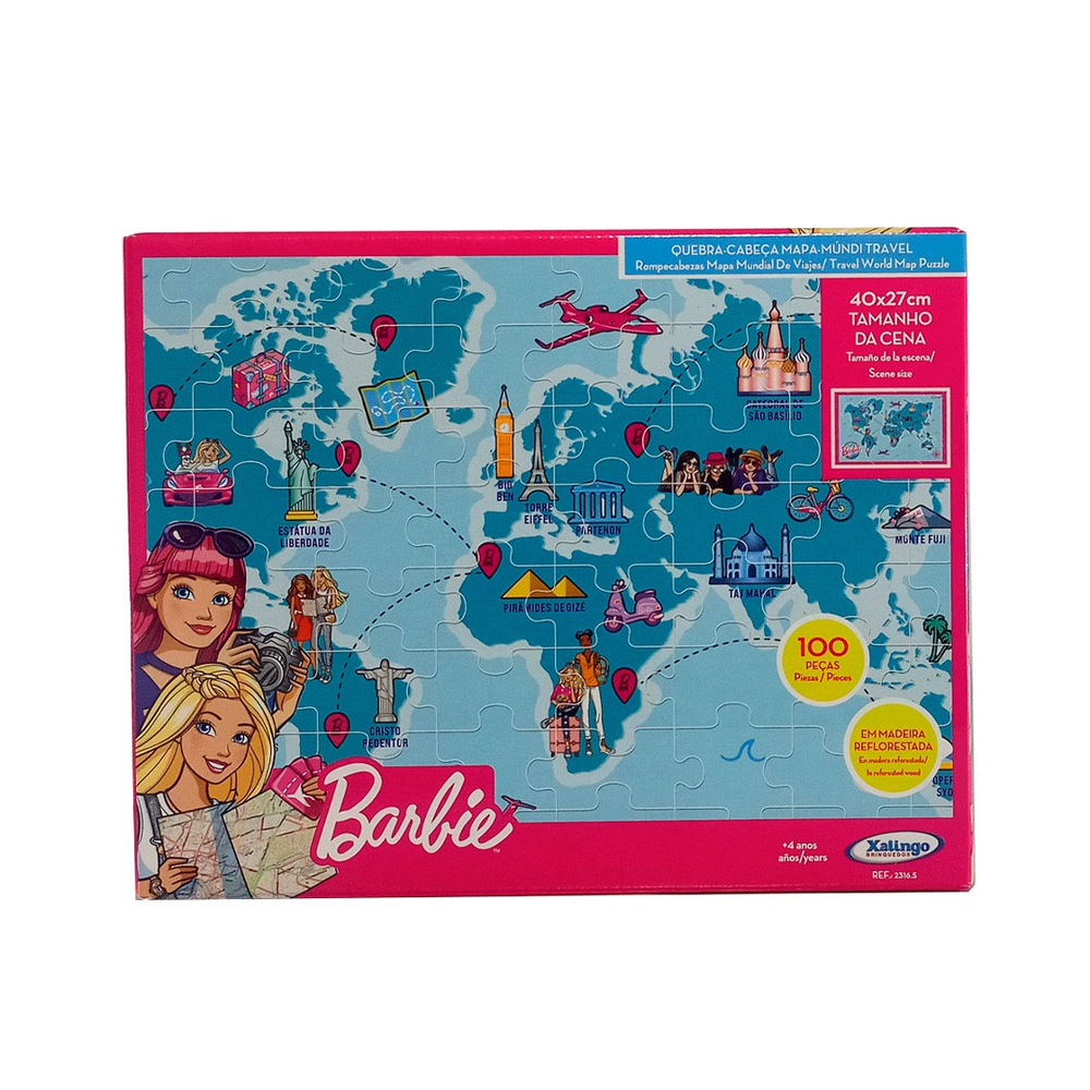 Quebra-Cabeça - 100 Peças - Madeira - Barbie - Mapa Mundi Travel - Xalingo