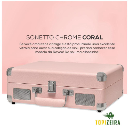 Vitrola Lp Retr Raveo Sonetto Chrome Coral Rosa Toca Discos Bluetooth Usb Que Reproduz E