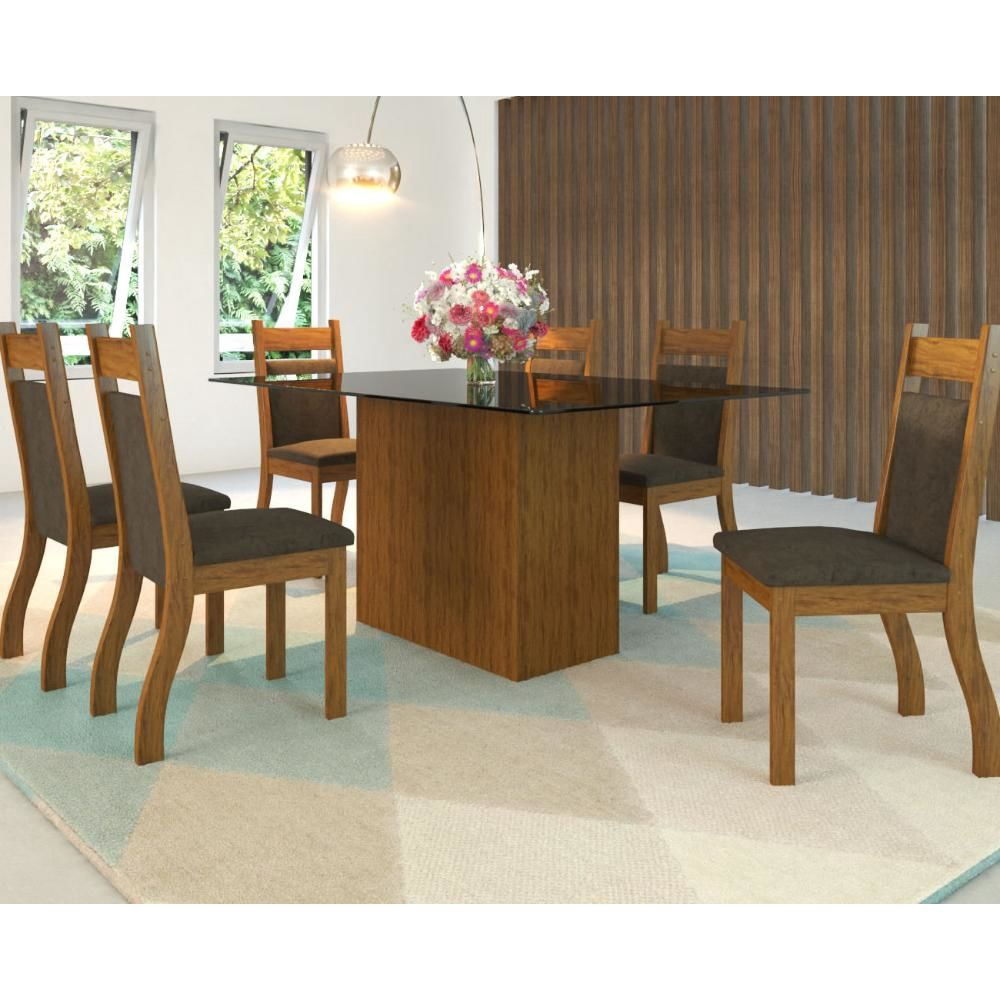 Conjunto Mesa de Jantar Áustria com Vidro e 6 Cadeiras