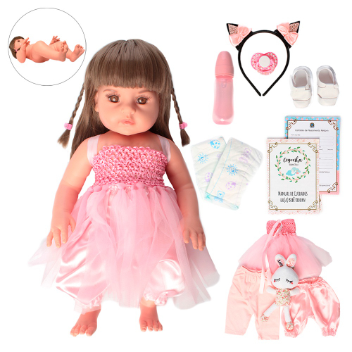 Brastoy Boneca Bebê Reborn Silicone Menina 55cm Olhos Castanhos