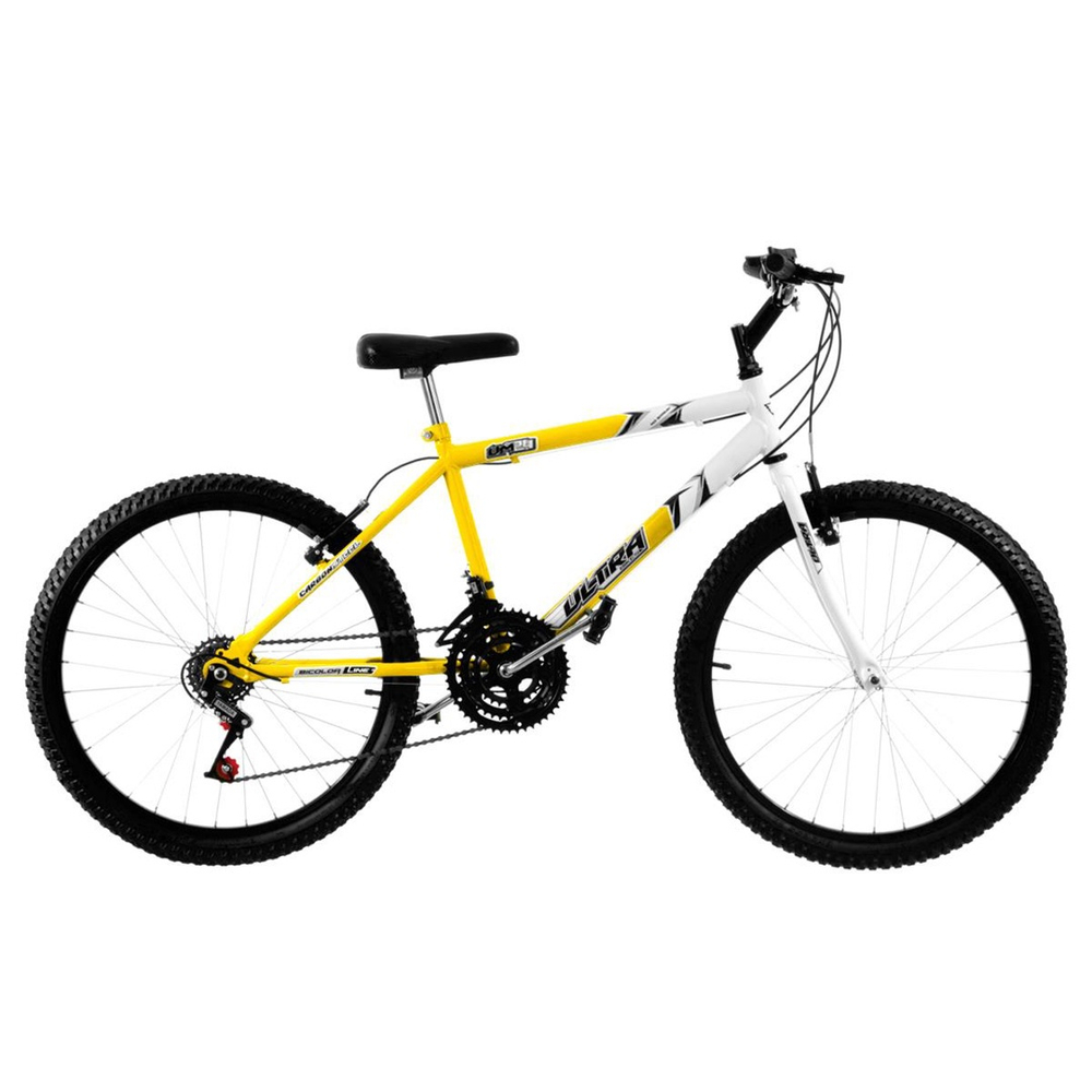 Bicicleta Amarela e Branca Aro 26 18 Marchas Pro Tork Ultra em