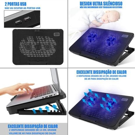 Cooler Suporte Para Notebook USB - 2 Ventoinhas 14cm LEDs Azuis Com ...