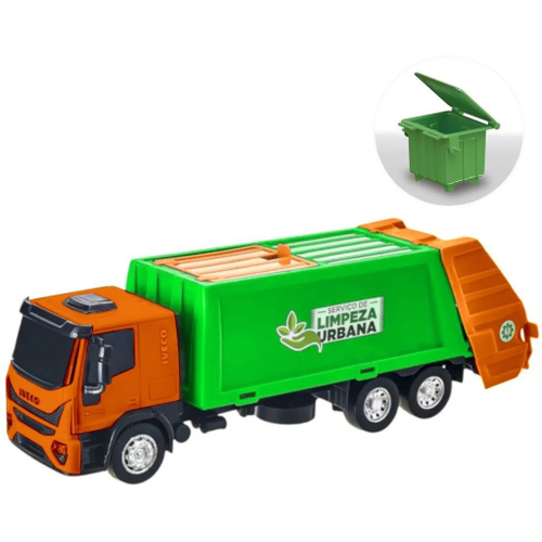 Caminhão de Brinquedo Iveco Tector Coletor Laranja e Verde em