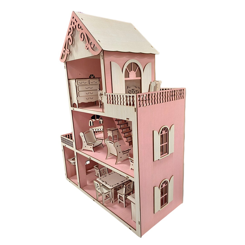 Casa Casinha de Boneca Rosa Branco Mdf + Mini Móveis Montados em