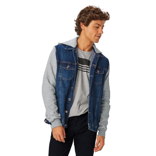 mens denim jacket with grey moletom com capuz