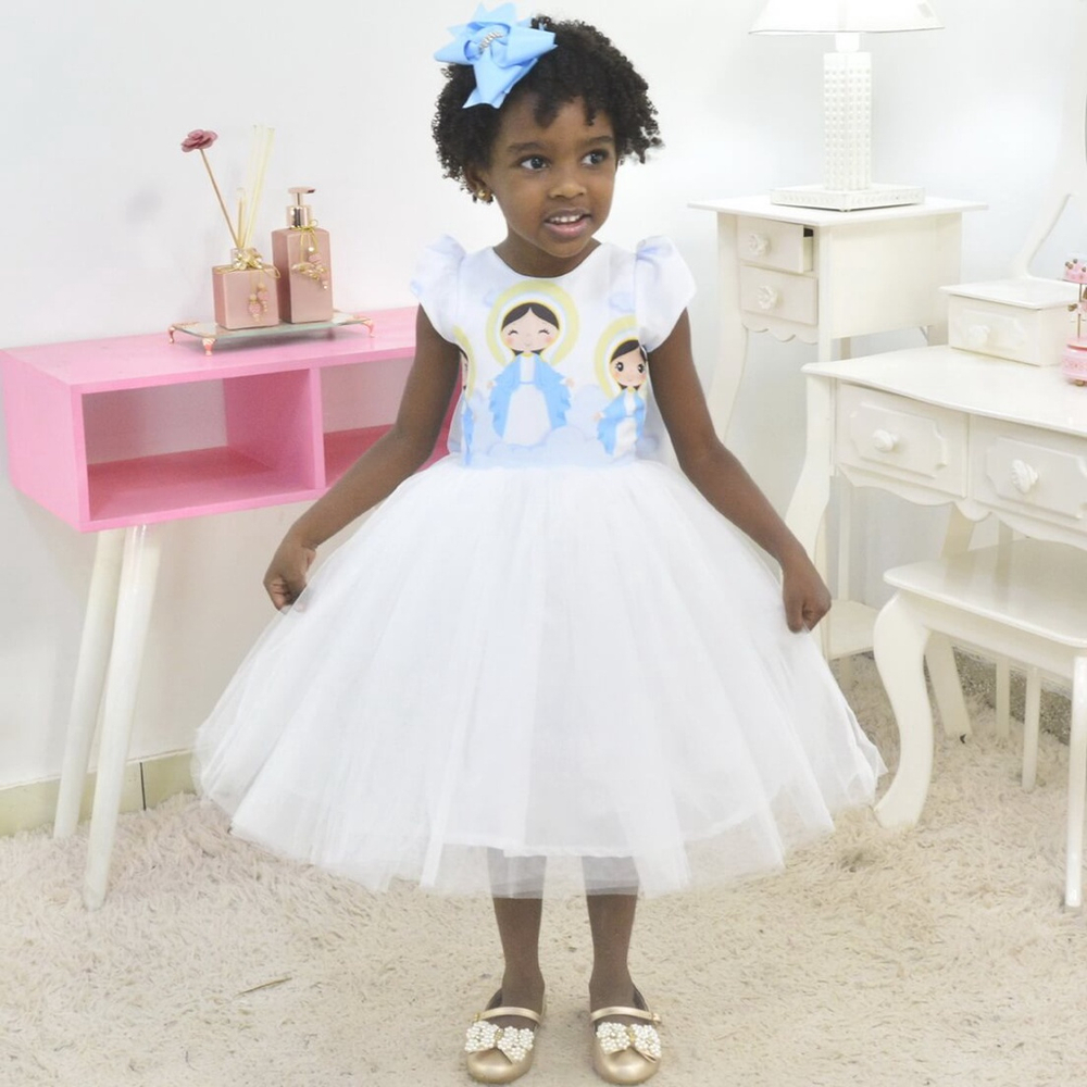 Vestido Frozen com Tule Sobre a Saia: Meninas de 6m a 10 Anos