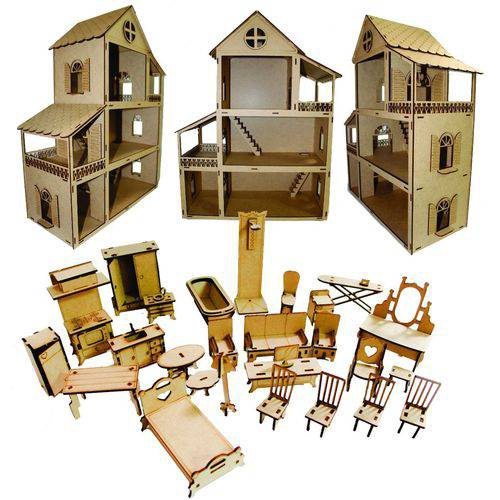 Casinha De Boneca Grande 60cm De Madeira mdf + Kit Mini Moveis 30 peças :  : Brinquedos e Jogos