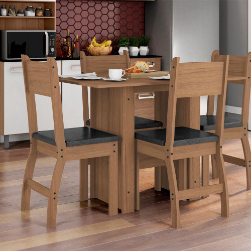 Conjunto Mesa de Jantar Lalá Carvalho Americano 1,60x90cm + 4 Cadeiras Lalá  Palha Natural