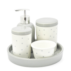 Kit Higiene Porcelana Bebe Infantil Poa Cinza e Branco Menor preço em Kit Higiene Porcelana Bebe Infantil Poa Cinza e Branco