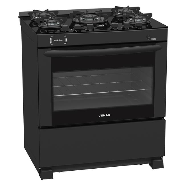 Fogão A Gás Venax Delplus Vítreo 5 Bocas Preto Automático Bivolt