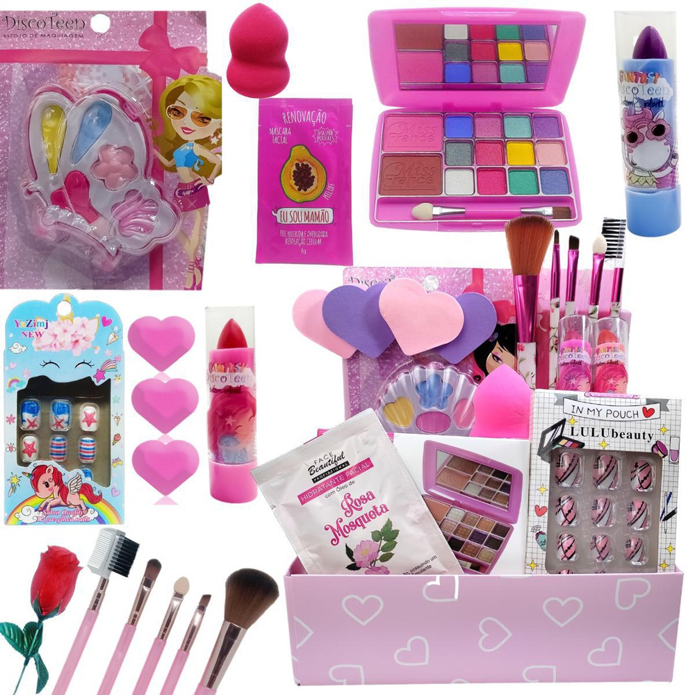 Kit de maquiagem infantil para meninas, conjunto completo de malas