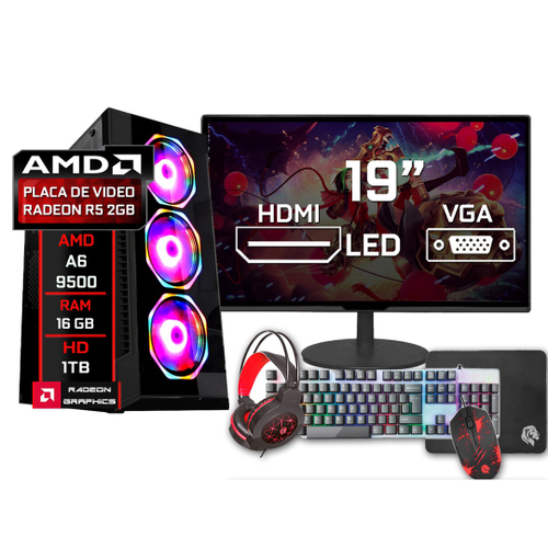 Pc Gamer Completo Amd A6 9500 Radeon R5 2gb 16GB DDR4 HD 1TB Monitor 19 ...