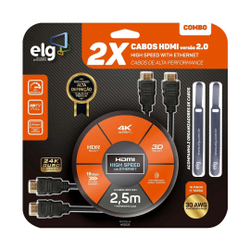 Combo Cabos hdmi 2.0 High Speed Ethernet HS2525 c/ 2,5M elg Menor preço em Combo Cabos hdmi 2.0 High Speed Ethernet HS2525 c/ 2,5M elg