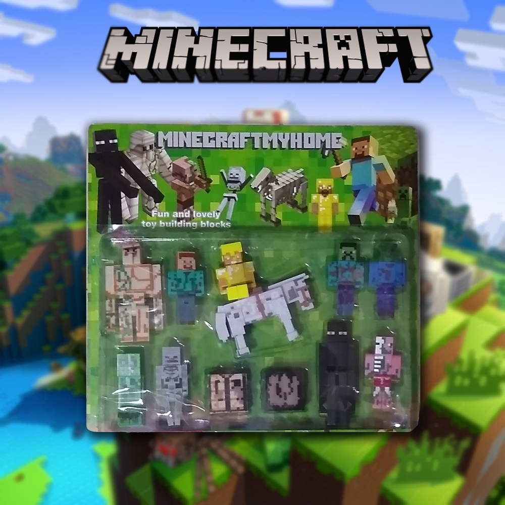 Cartela 10 Boneco Articulado Minecraft My Home + 2 Blocos - Zumbi, Aranha,  Creeper, Enderman, Steve