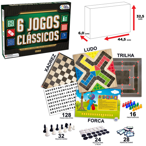 Jg classico 6 em 1 xadrez dama/ ludo domino forca trilha em