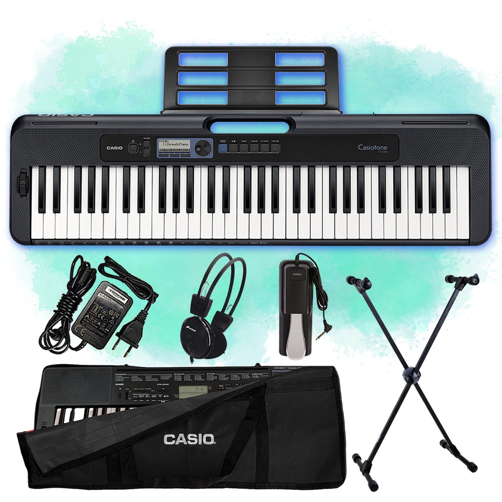 Kit Teclado Casio CTS300 5 8 Pedal Suporte Capa Preta E Fone Submarino