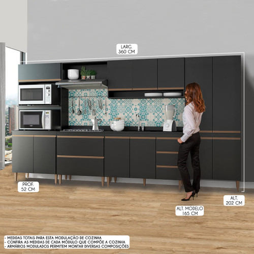 Armário de Cozinha Modulado Sabrina 360x202 Cm 6 Peças mdp Preto menu no  Shoptime