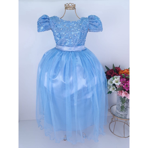 Vestido Infantil de Festa Azul Luxo Princesa Cinderela Frozen