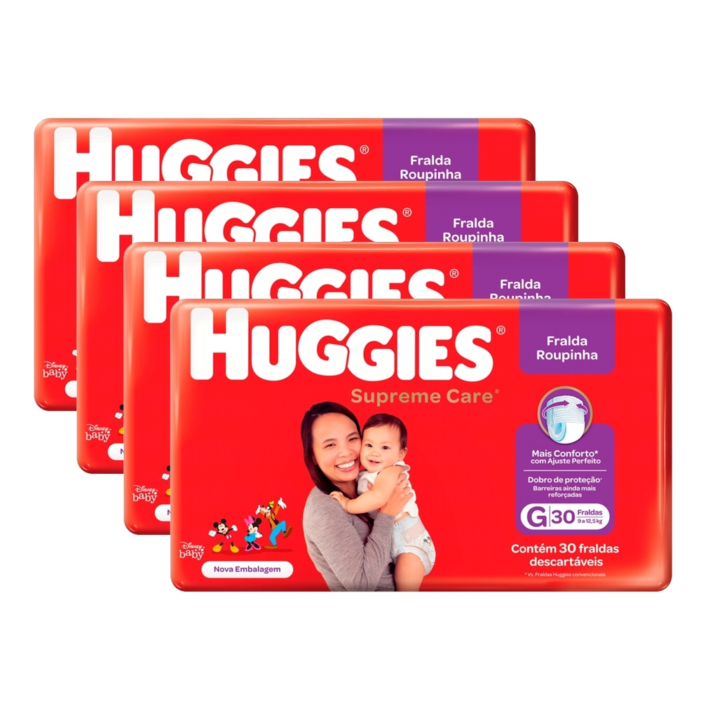 Kit Com 4 Fraldas Roupinha Huggies Supreme Care G Pacote C/ 30 Unidades ...