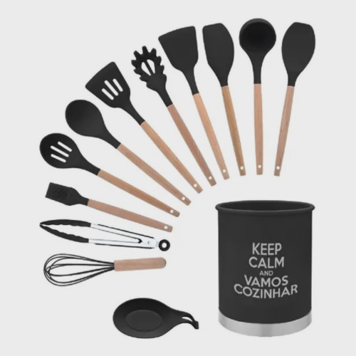 Kit 13 Peças Premium Utensílios Cozinha Silicone Alta Qualidade E Madeira Suporte Em Promoção 7282