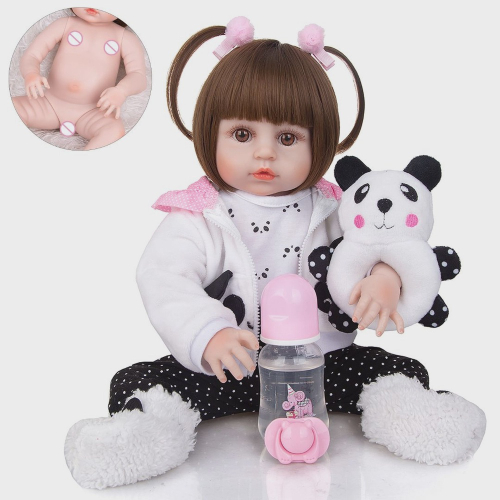 Boneca Reborn Bebê 100% Silicone Menina Panda Olho Castanho 48cm