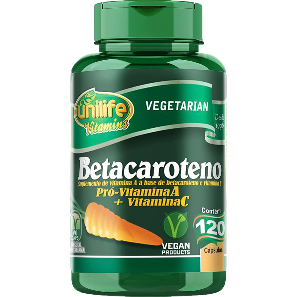 Betacaroteno + Vitaminas A e C 120 cápsulas 500mg Unilife em