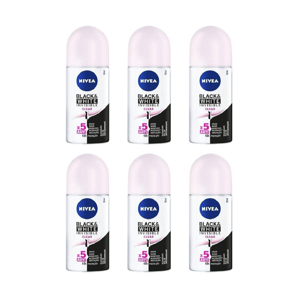 Kit 6 Desodorantes Roll On Nivea Invisible B&W Clear 50Ml Em Promoção ...