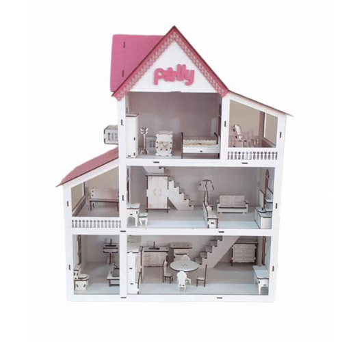 Casinha De Boneca Modelo Americana Mdf Pintada Com 30 Moveis