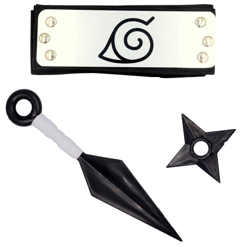 Bandana Naruto + Colar Aldeia Folha + 5 Kunais + 2 Shurikens