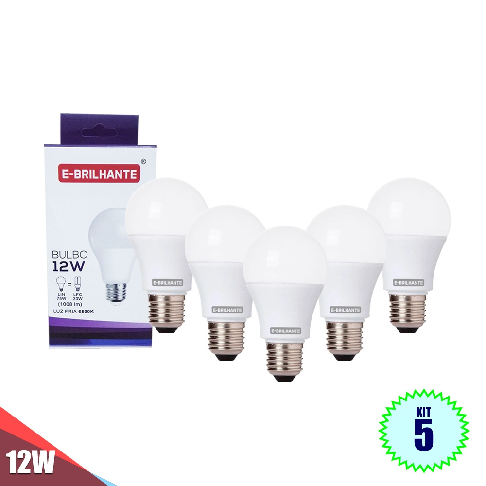 Kit 5 Lâmpada Bulbo Led 12w Bivolt E27 Branca Fria E Brilhante Casa Igreja Loja 0007 no Shoptime