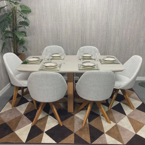 Conjunto de Mesa de Jantar com 6 Cadeiras Estofadas Maia I Veludo Off White  e Creme na Americanas Empresas