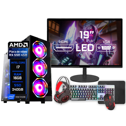 Pc Gamer Completo Fácil Intel i7 16GB rx 550 4GB ssd 240GB Monitor 19 - Kit Gamer Teclado Mouse Headset - Fonte 500w