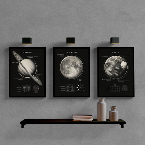 Quadros Decorativo Kit3 Terra Lua Saturno Espaço Planetas Desenho Sala