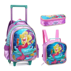Conjunto 3 Peças Mochila Infantil Com Rodinhas Lancheira E Estojo Sereia Roxo - denlex Menor preço em Conjunto 3 Peças Mochila Infantil Com Rodinhas Lancheira E Estojo Sereia Roxo - denlex