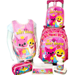 Menor preço em Kit mochila rodinha infantil baby shark C/7 itens crianças meninas 2 A 8 anos