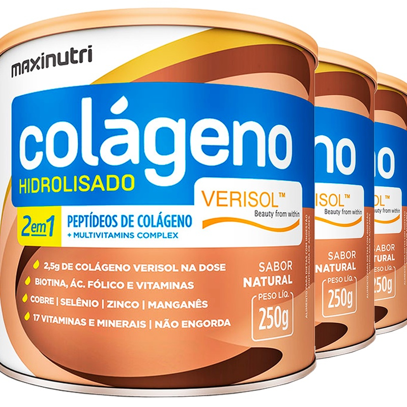 Kit 3 Colágeno Hidrolisado Verisol 2em1 Natural 250g Maxinutri No Shoptime