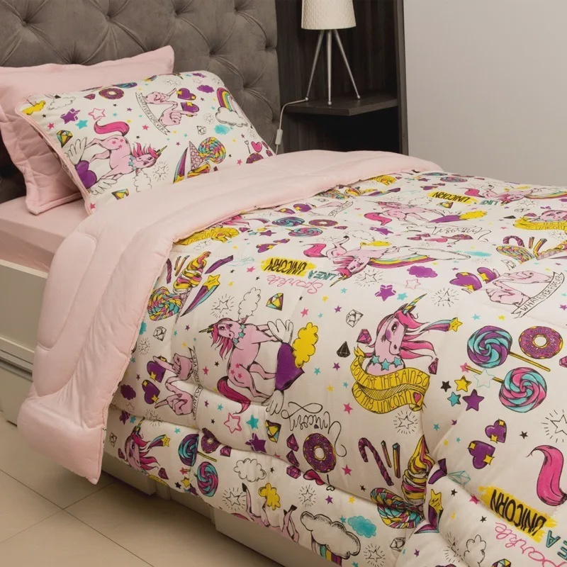 Kit Edredom Menina Kids Unic rnio Jogo De Cama Solteiro 100