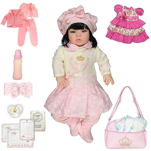 Boneca Bebê Reborn Luxo Rosa Vários Itens e Mochila - ShopJJ