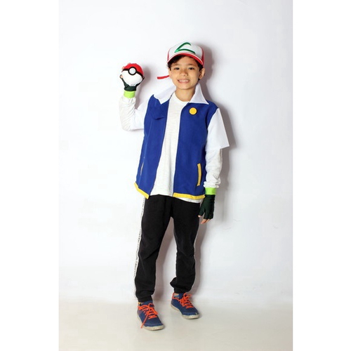 Pokémon Ash Ketchum fantasia de cosplay masculina, jaqueta azul