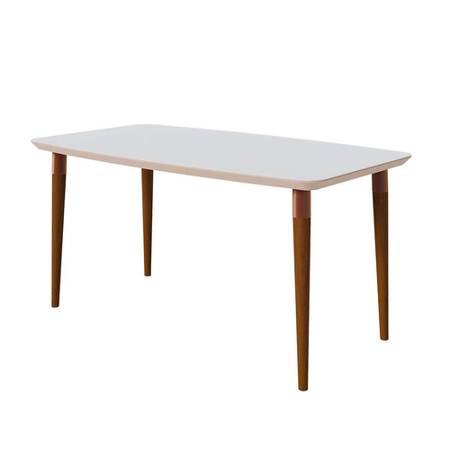 Conjunto de Mesa de Jantar com Tampo de Vidro Arredondado e 4 Cadeiras  Estofadas Studio Linho Off White e Bege Claro 160 cm