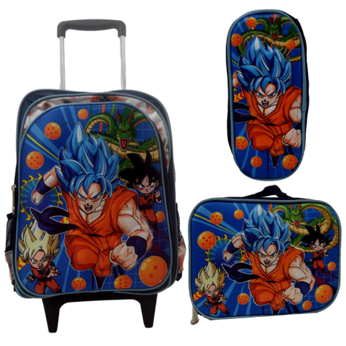 KIT DRAGON BALL Z MOCHILA CARRINHO COM LANCHEIRA E ESTOJO - TENHO