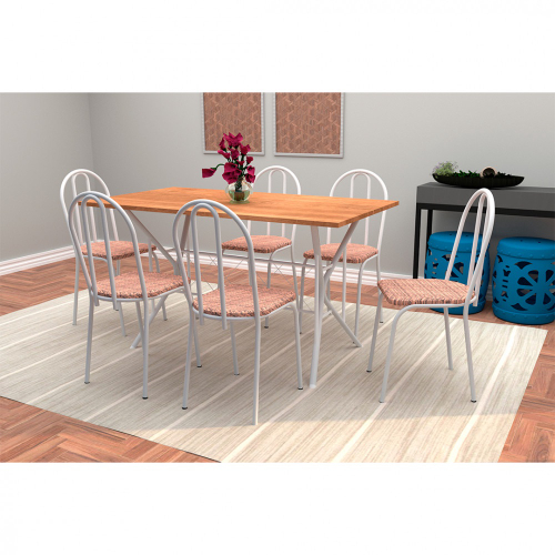 Conjunto de Mesa com 6 Cadeiras Bruna Cinza e Estampa Capitonê