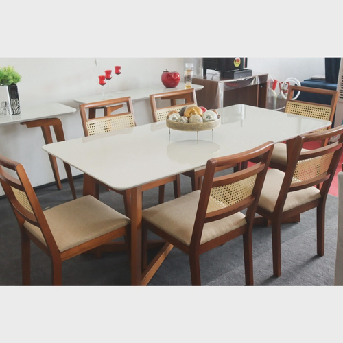 Conjunto Mesa com Vidro Pés Madeira Maciça 6 Cadeiras Madeira