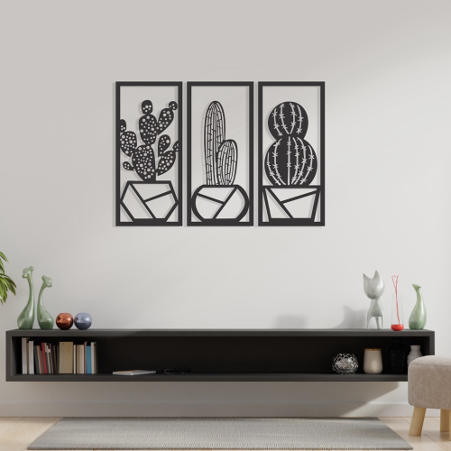 Quadro Decorativo Cactos Xícaras MDF Preto Fosco em Promoção na