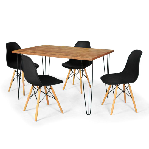 Conjunto Mesa de Jantar Hairpin 130x80 Natural com 4 Cadeiras Eames Eiffel Preto